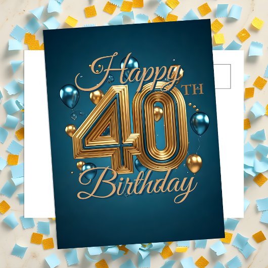 Elegante Chic Blauw en Gouden Ballonnen 40e Verjaa Briefkaart