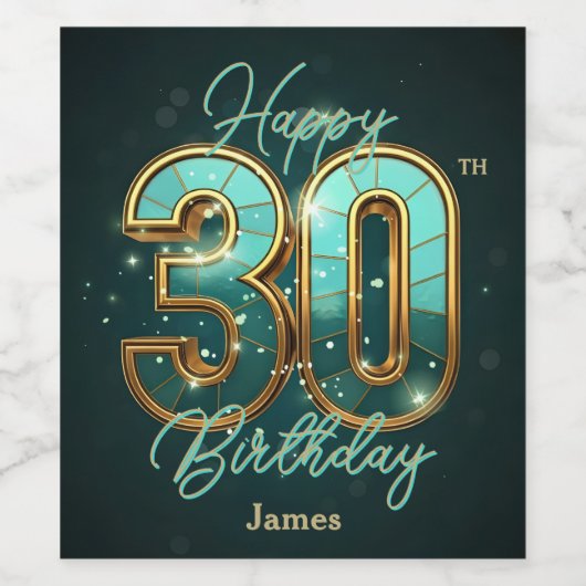 Elegante Chic Blauwgroen en Gold Metallic 30e verj Wijn Etiket (Enkel label)