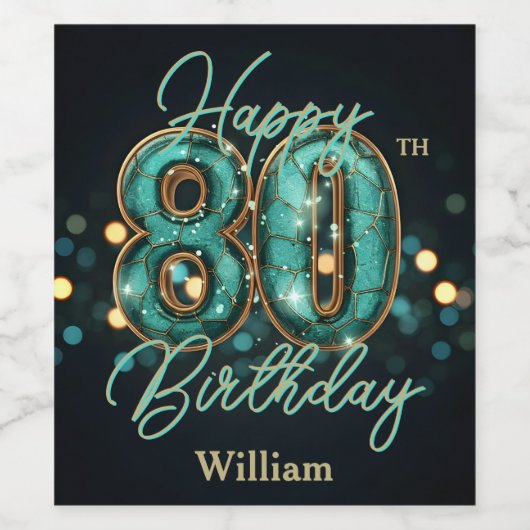 Elegante Chic Blauwgroen en Gold Metallic 80e verj Wijn Etiket (Enkel label)