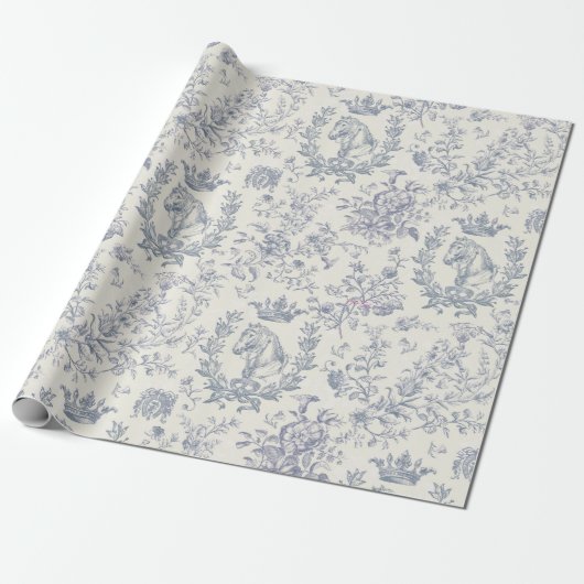 Elegante Chic Blue Beige Equestrian Floral Toile Cadeaupapier (Uitgerold)