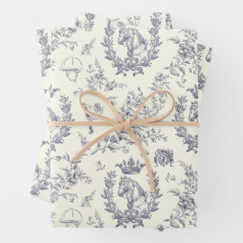 Elegante Chic Blue Equestrian Floral Toile Inpakpapier Vel