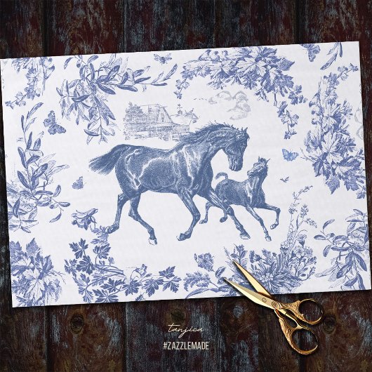 Elegante  Chic Blue Horse Bloementoilet Tissuepapier