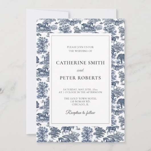 Elegante  Chic Blue Horse Toile Wedding Kaart (Voorkant)