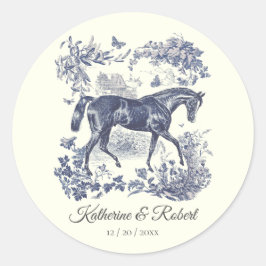Elegante Chic Blue Horse Toile Wedding Ronde Sticker