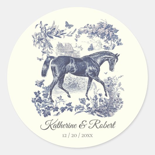 Elegante  Chic Blue Horse Toile Wedding Ronde Sticker (Voorkant)