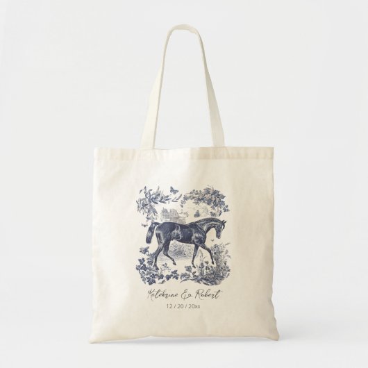 Elegante  Chic Blue Horse Toile Wedding Tote Bag (Voorkant)