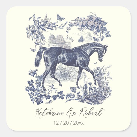 Elegante  Chic Blue Horse Toile Wedding Vierkante Sticker (Voorkant)