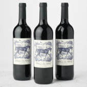 Elegante  Chic Blue Horse Toile Wedding Wijn Etiket (Flessen)