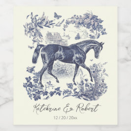 Elegante Chic Blue Horse Toile Wedding Wijn Etiket