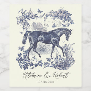 Elegante  Chic Blue Horse Toile Wedding Wijn Etiket