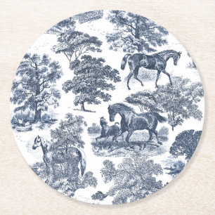 Elegante Chic Blue Horses Country Toile Ronde Kartonnen Onderzetter