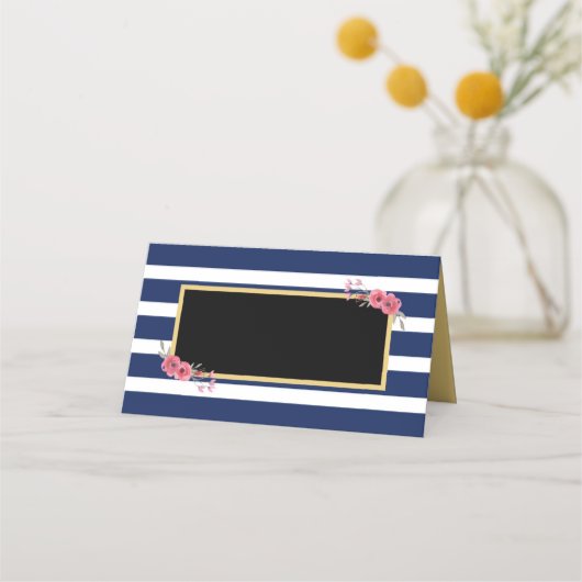 Elegante Chic Blue Stripes met Waterverf Flowers Plaatskaartje (Voorkant)