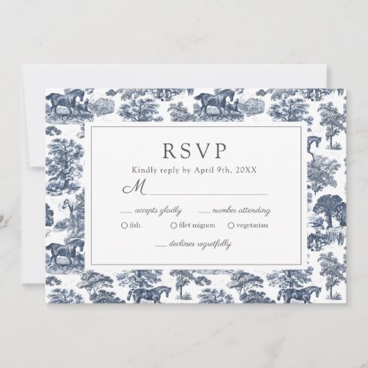 Elegante  Chic Blue Toile Horse RSVP-kaart Save The Date (Voorkant)