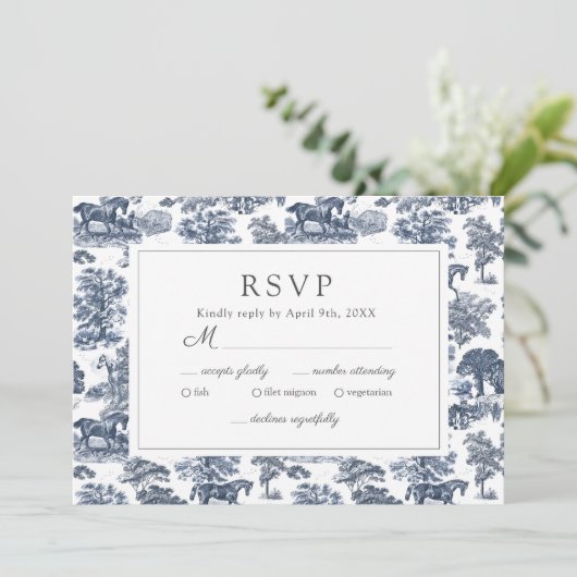 Elegante Chic Blue Toile Horse RSVP-kaart Save The Date (Staand voorkant)