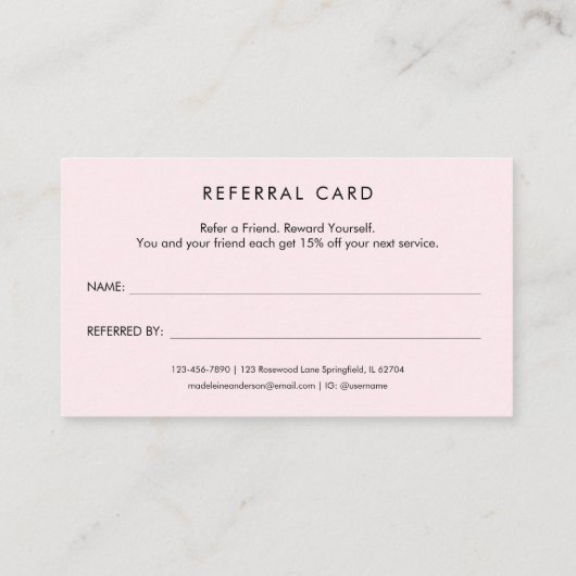 Elegante Chic Blush Pink Gold Glitter Hair Stylist Aanbevelingskaartje (Achterkant)