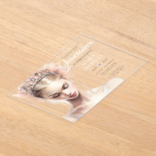 Elegante Chic Blush Pink Quinceanera verjaardagsfe Acryl Uitnodigingen (Laagn)