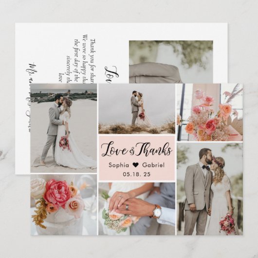 Elegante Chic Blush Roze 6 foto collage bruiloft Bedankkaart (Voorkant / Achterkant)