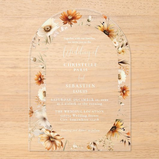 Elegante & Chic Boho Herfst Wilde Bloem Bruiloft Acryl Uitnodigingen (Voorkant)