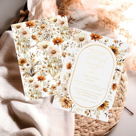 Elegante & Chic Boho Herfst Wilde Bloemen Bruiloft Folie Uitnodiging