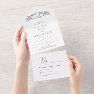 Elegante & Chic botanische kam monogram bruiloft All In One Uitnodiging