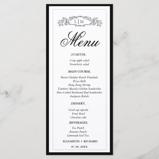 Elegante & Chic botanische kam monogram bruiloft Menu (Voorkant)
