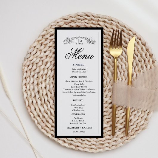 Elegante & Chic botanische kam monogram bruiloft Menu