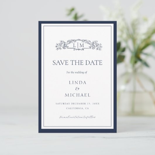 Elegante & Chic botanische kam monogram bruiloft Save The Date (Staand voorkant)