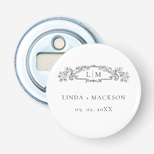 Elegante & Chic botanische wapen monogram bruiloft Button Flesopener (Voorkant)