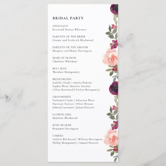Elegante Chic Bourgondië Waterverf Bloemenbruiloft Programmakaart (Achterkant)