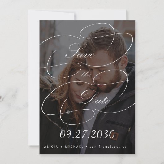 Elegante chic calligrafie script foto bruiloft save the date (Voorkant)