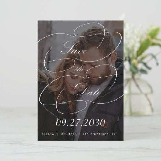 Elegante chic calligrafie script foto bruiloft save the date (Staand voorkant)