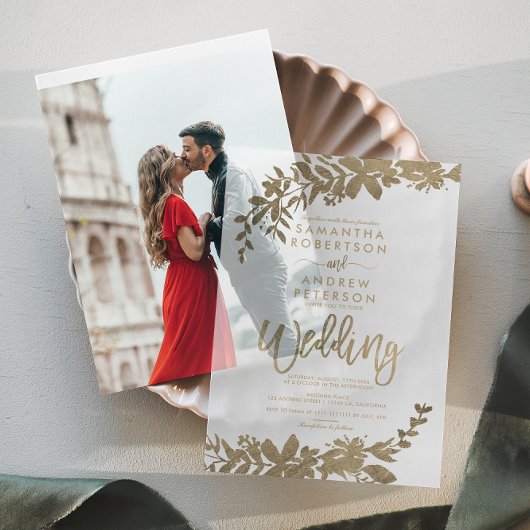 Elegante Chic Classic Faux Gold Folie Leaf Wedding Vellum Uitnodigingen