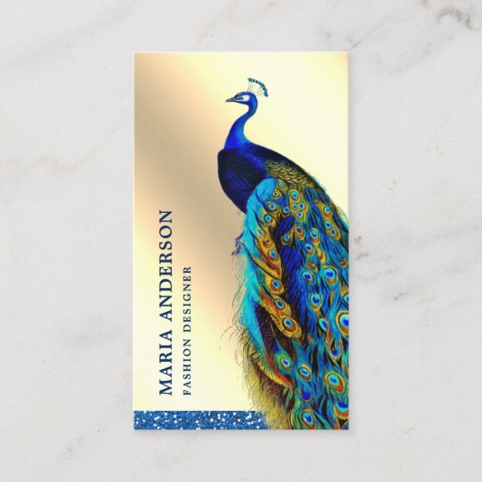 Elegante Chic Cream Gold Folie Blauw Indische Pauw Visitekaartje (Voorkant)