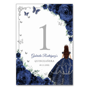 Elegante Chic Donkerblauwe Rozen Zilver Quinceaner Kaart