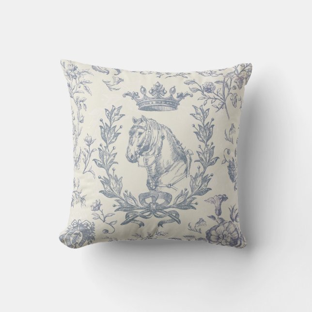 Elegante Chic Dusty Blue Equestrian Floral Toile Kussen (Voorkant)