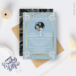 Elegante Chic Dusty Blue Gold Custom Photo Wedding Kaart