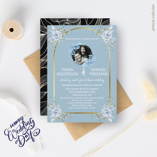 Elegante Chic Dusty Blue Gold Custom Photo Wedding Kaart
