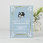 Elegante Chic Dusty Blue Gold Custom Photo Wedding Kaart (Staand voorkant)