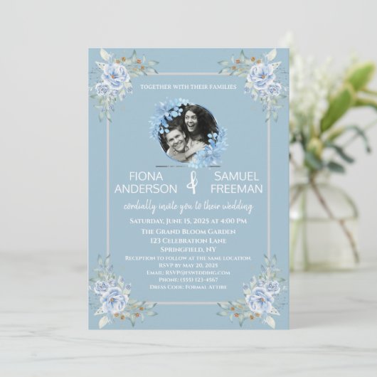 Elegante Chic Dusty Blue Gold Custom Wedding Kaart (Staand voorkant)