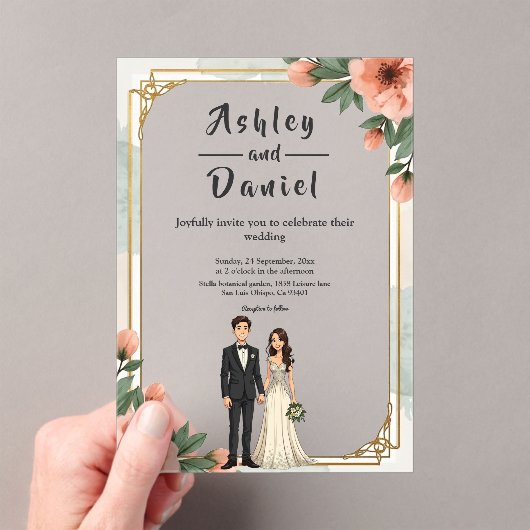 Elegante Chic Floral Lijst bruid en bruidegom brui Acryl Uitnodigingen (Insitu (Draagbaar))