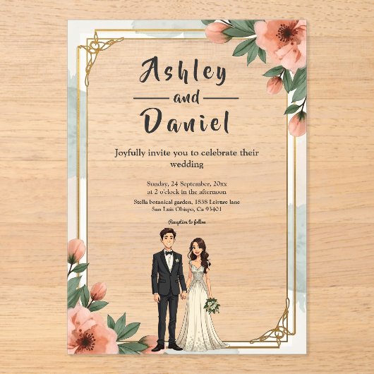 Elegante Chic Floral Lijst bruid en bruidegom brui Acryl Uitnodigingen (Voorkant)