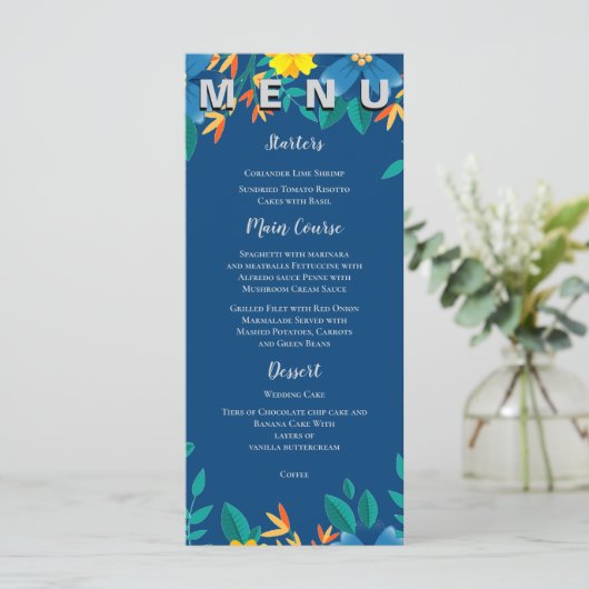 Elegante Chic Geel en Blauw Bloemen Trouwfeest Menu (Staand voorkant)