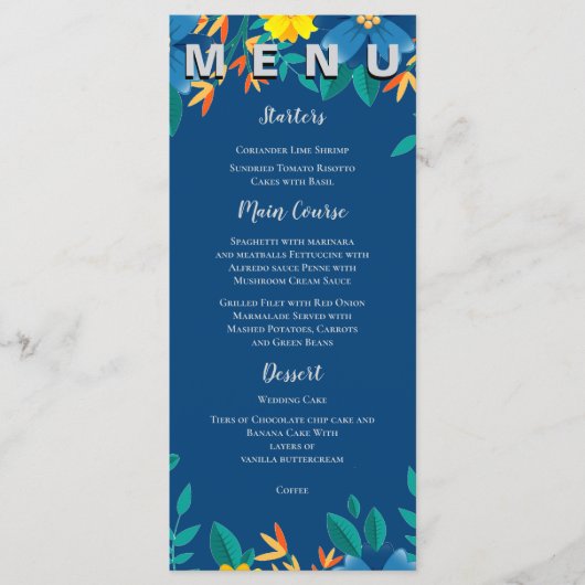 Elegante Chic Geel en Blauw Bloemen Trouwfeest Menu (Voorkant)