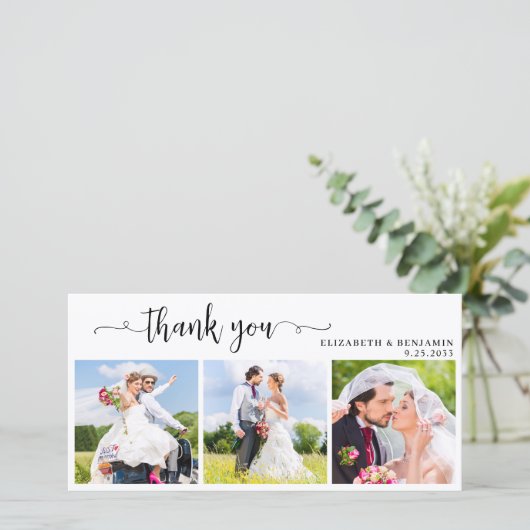 Elegante Chic gepersonaliseerde 3 foto bruiloft Bedankkaart (Staand voorkant)