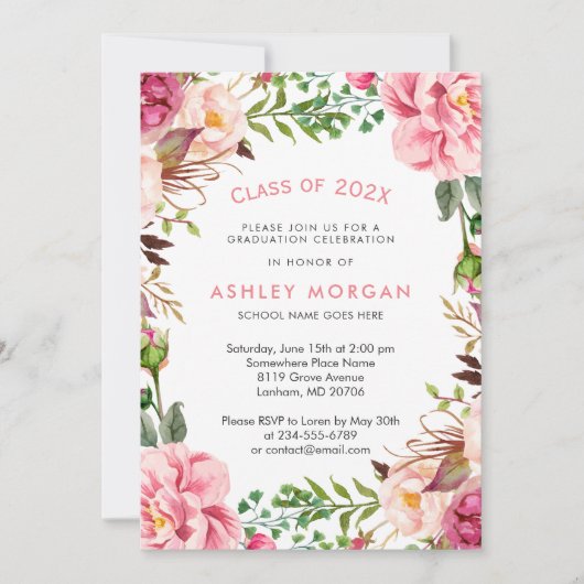 Elegante Chic Girly Bloemen Afstudeerfeest Kaart (Voorkant)