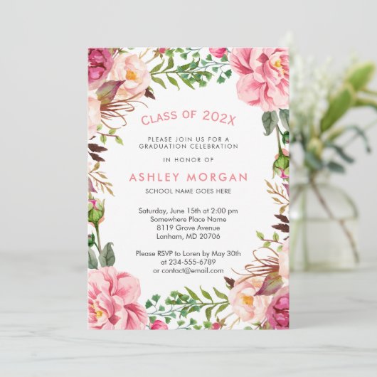 Elegante Chic Girly Bloemen Afstudeerfeest Kaart (Staand voorkant)