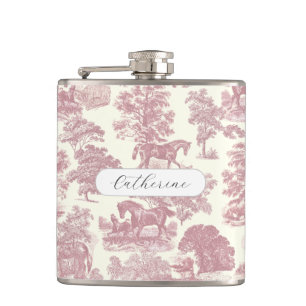 Elegante Chic Girly Pink Horses Toile Naam Heupfles