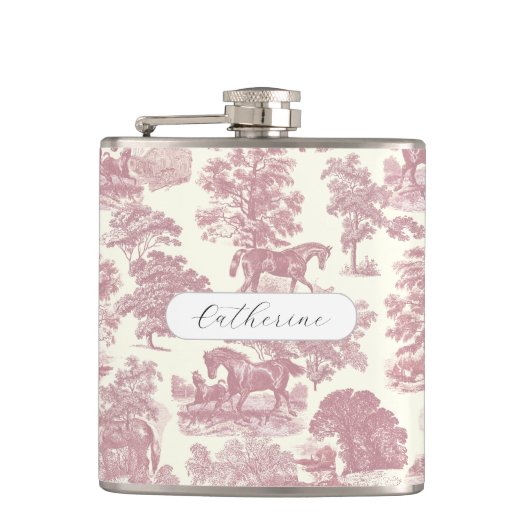 Elegante Chic Girly Pink Horses Toile Naam Heupfles (Voorkant)