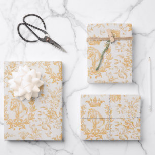 Elegante Chic Gold Beige Equestrian Floral Toile Inpakpapier Vel
