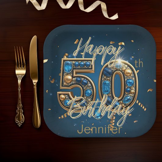 Elegante Chic Gold en Blauwe Edelsteen 50e verjaar Papieren Bordje